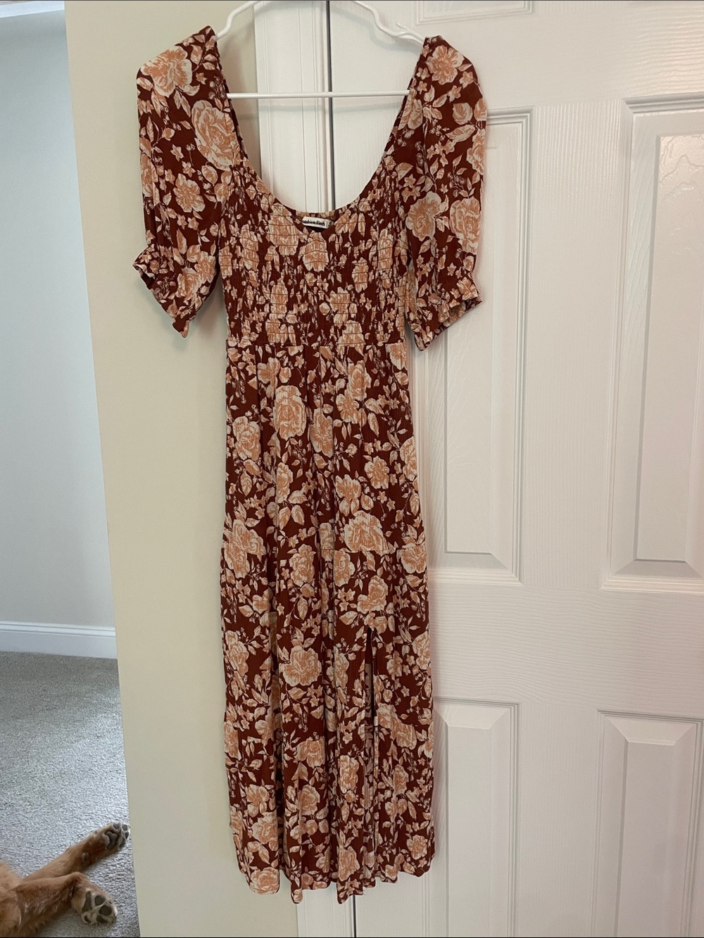 Abercrombie & Fitch Rust-Brown Floral Midi Dress with Cream Roses